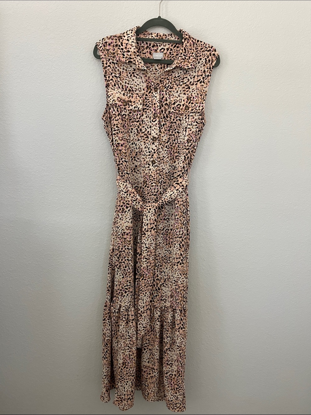 Chico’s Animal Print Belted Tiered‎ Maxi Shirt Dress Size 1 8/10